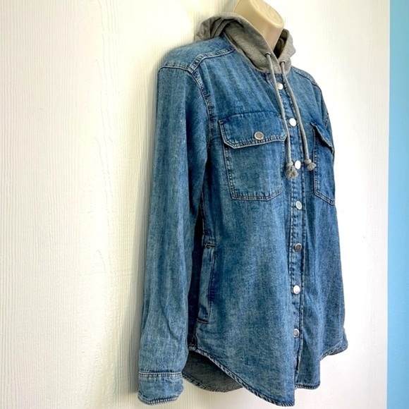 H&M - Stonewash Button Down Grey Hooded With Pockets Long Jean Shirt Size XXS - Picture 4 of 11